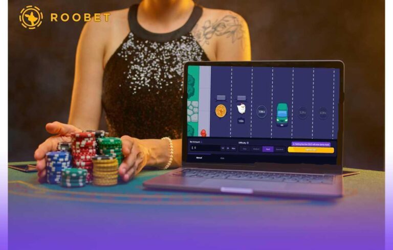 Woman with casino chips and Mission Uncrossable on a laptop